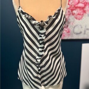 Ralph Lauren Black Label Striped Black and White Ruffled Silk Camisole
